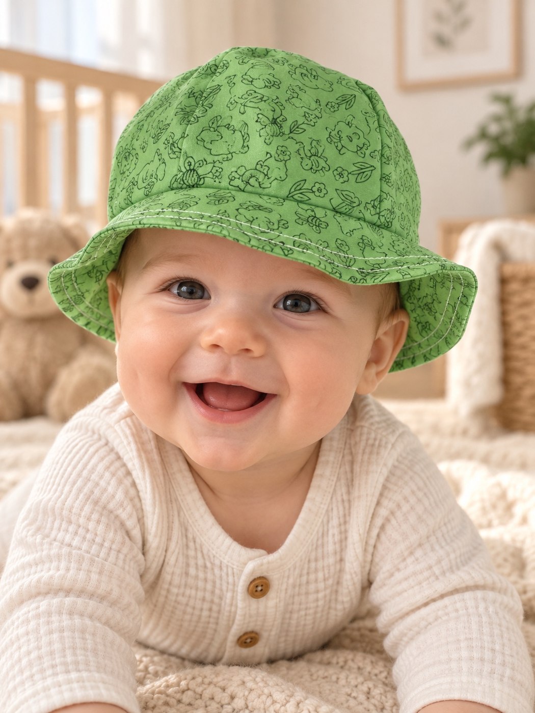 Smiling baby wearing a handmade green sun hat