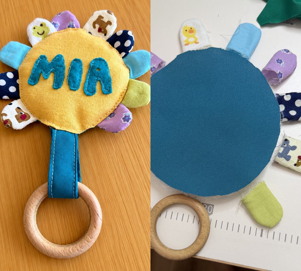 Front and blue reverse of the handmade sun sensory toy